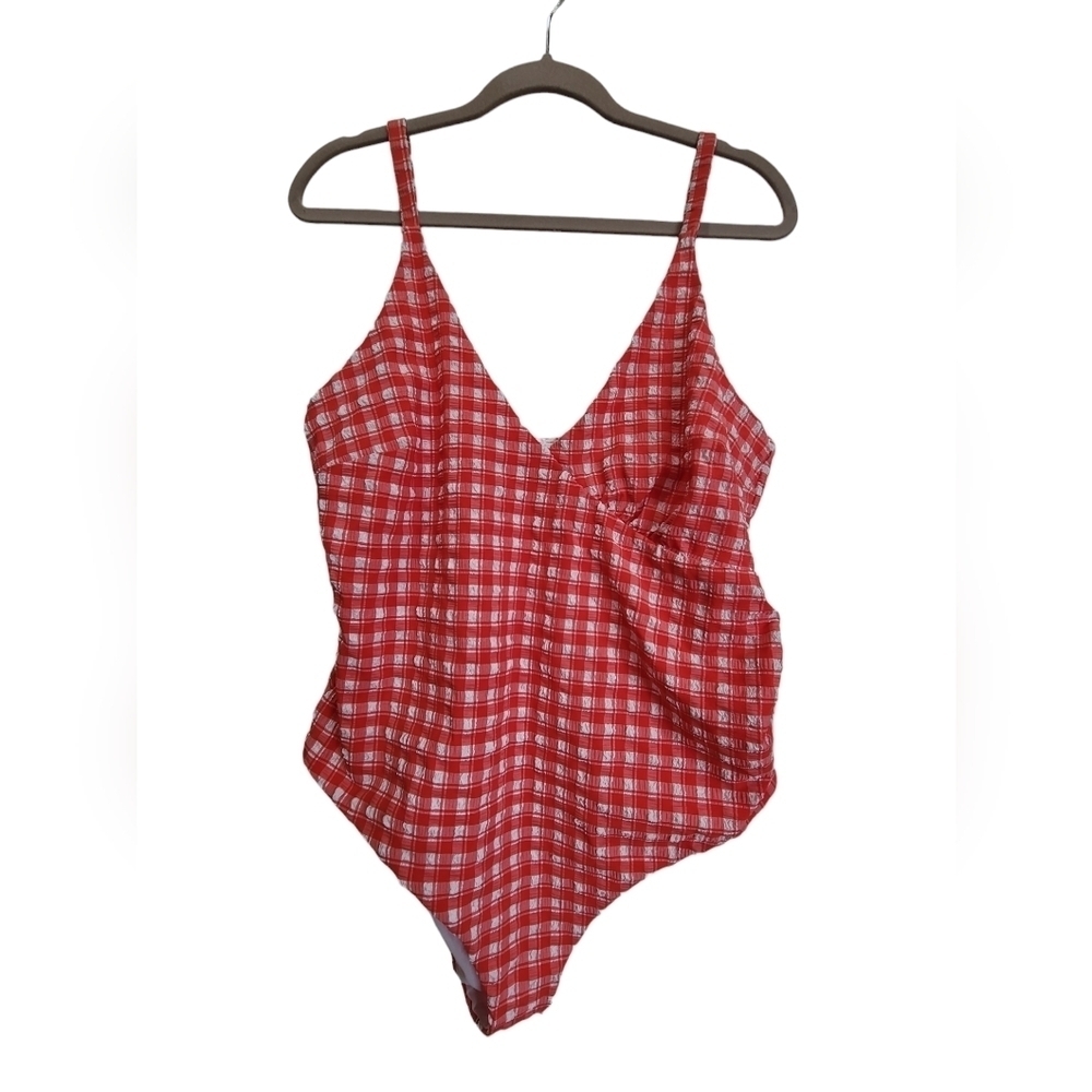 ASOS Sz 14 Orange White Checkered One Piece Swim Suit with Adjustable Straps